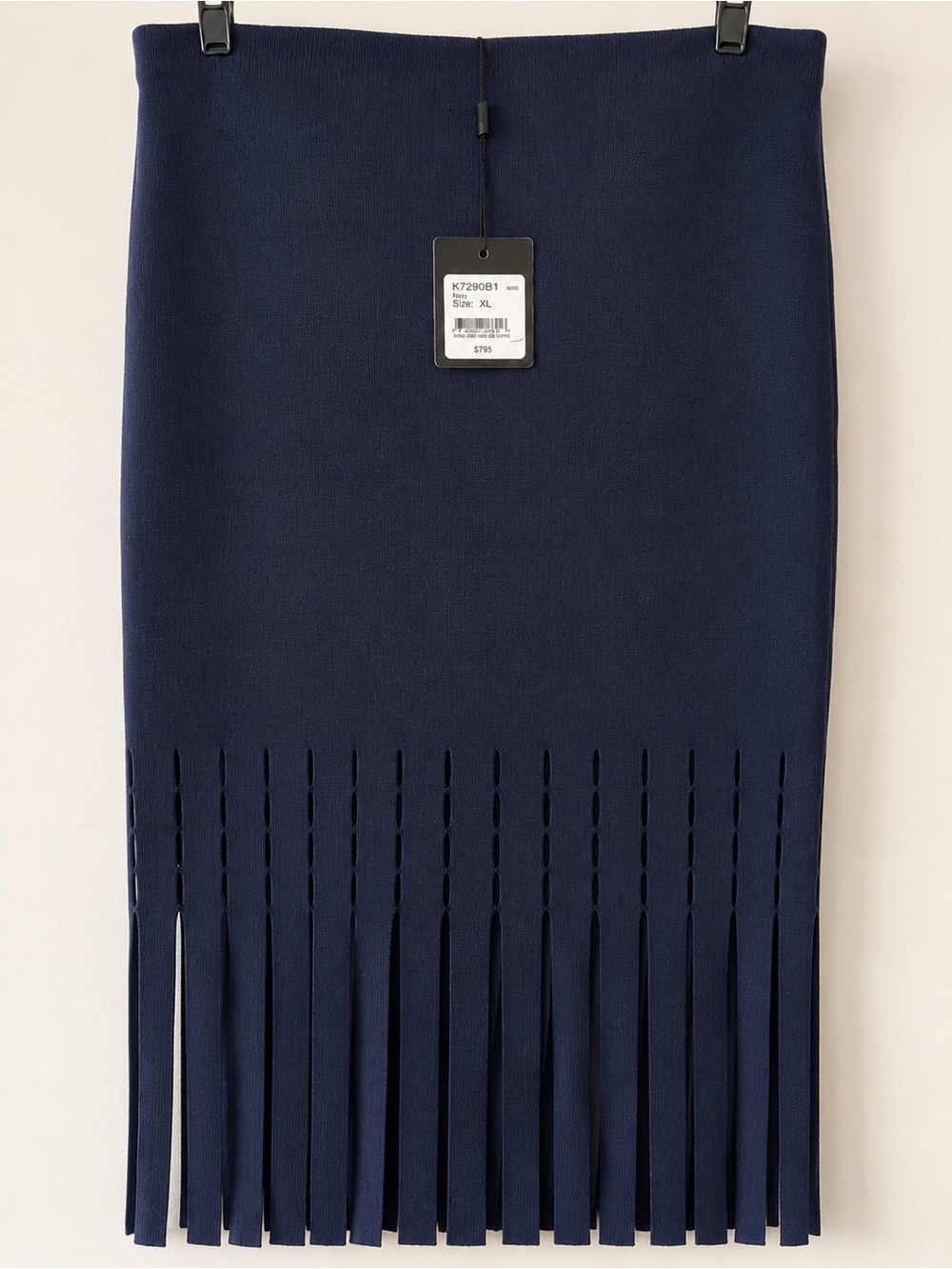 St. John Santana Knit Fringe Skirt XL Navy Designer Statement Piece